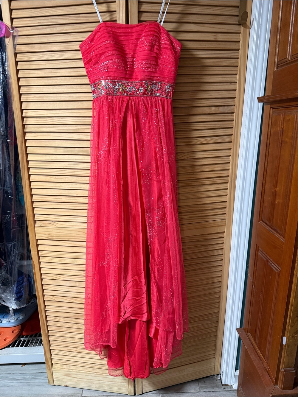 Masquerade Strapless Coral color Prom Gown with Beaded Waist